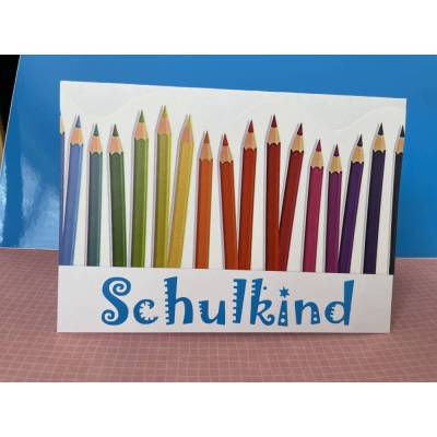 Bunte Grußkarte, Schulanfang, Handarbeit mit Umschlag