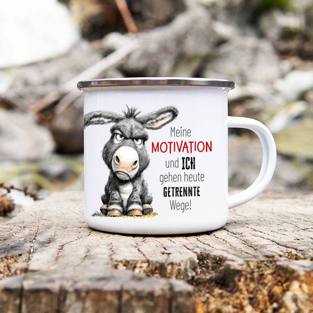 Emaille Tasse 'Meine Motivation und ich' mit witzigem Motiv