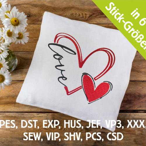 Stickdatei LOVE mit Herzen in 6 Größen, Maschinenstickerei, romantisches Stickmuster mit Herzen Motiv