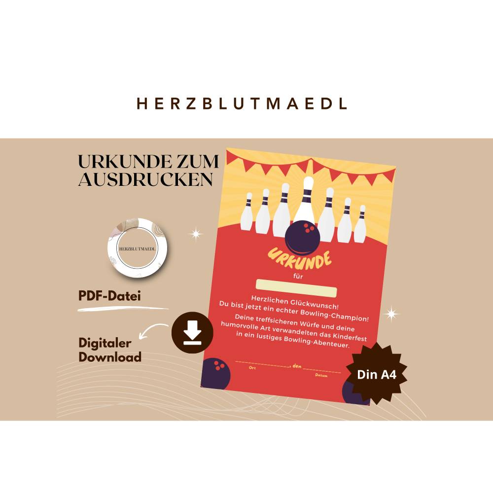 Bowling-Urkunde für Kinder – Personalisierte Urkunde zum Ausdrucken für Kindergeburtstage, Bowling-Partys Bild 1