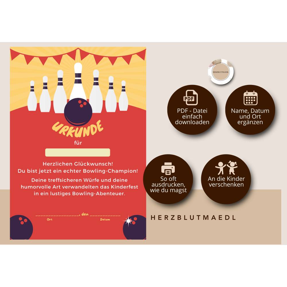 Bowling-Urkunde für Kinder – Personalisierte Urkunde zum Ausdrucken für Kindergeburtstage, Bowling-Partys Bild 2
