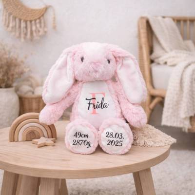 Kuscheltier Hase Personalisiert mit Namen und Geburtsdaten Rosa Ostern