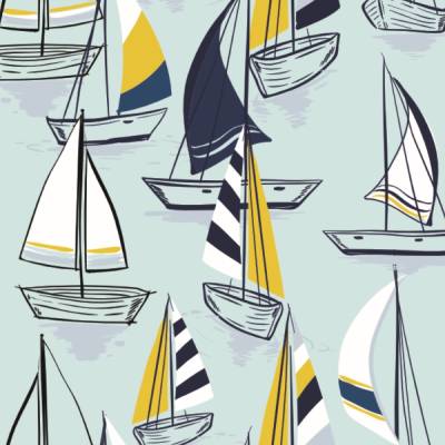Postkarte Segelboote, mit kleinen Segelbooten und weiß-gelb-blauen Segeln