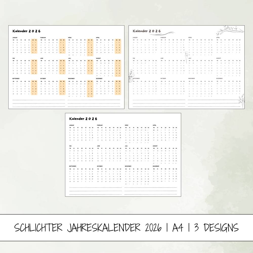 Kalender 2026 in der Jahresansicht zum Ausdrucken - 3er Set