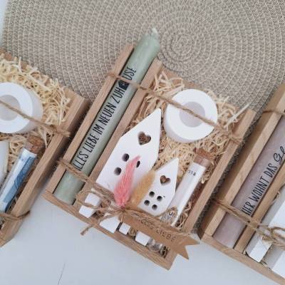 Einzugsgeschenk Geldgeschenk Einweihungsgeschenk Geschenkset zum Umzug Einzug Häuser / Lichthäuser Kerzenhalter rund zum