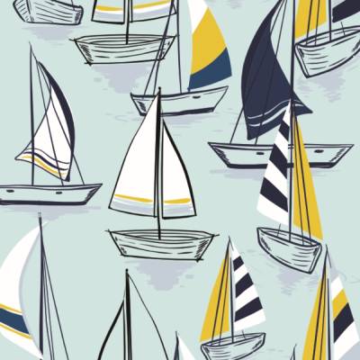 Postkarte Segelboote, 10 Postkarten mit kleinen Segelbooten und weiß-gelb-blauen Segeln