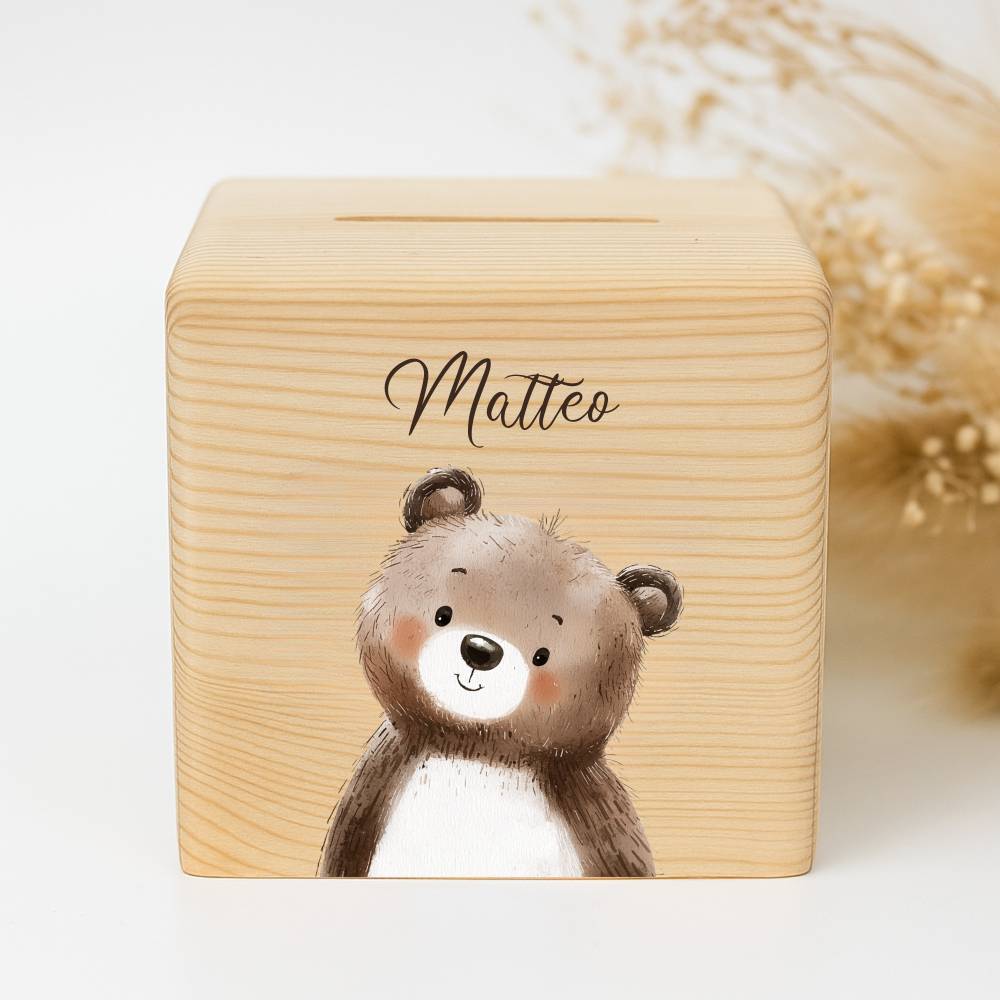Personalisierte Holzspardose mit Waldtieren & Namen – Kinder Spardose mit Schloss – Geschenk zur Taufe 10x10 x10