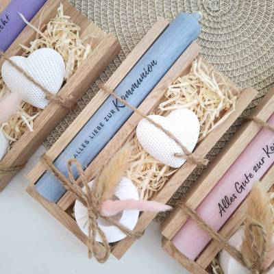 Kommunion Kommunionsgeschenk mit Dekoherz und Kerzenhalter rund Geschenkset für Jungen und Mädchen Kommunionskerze Kerze