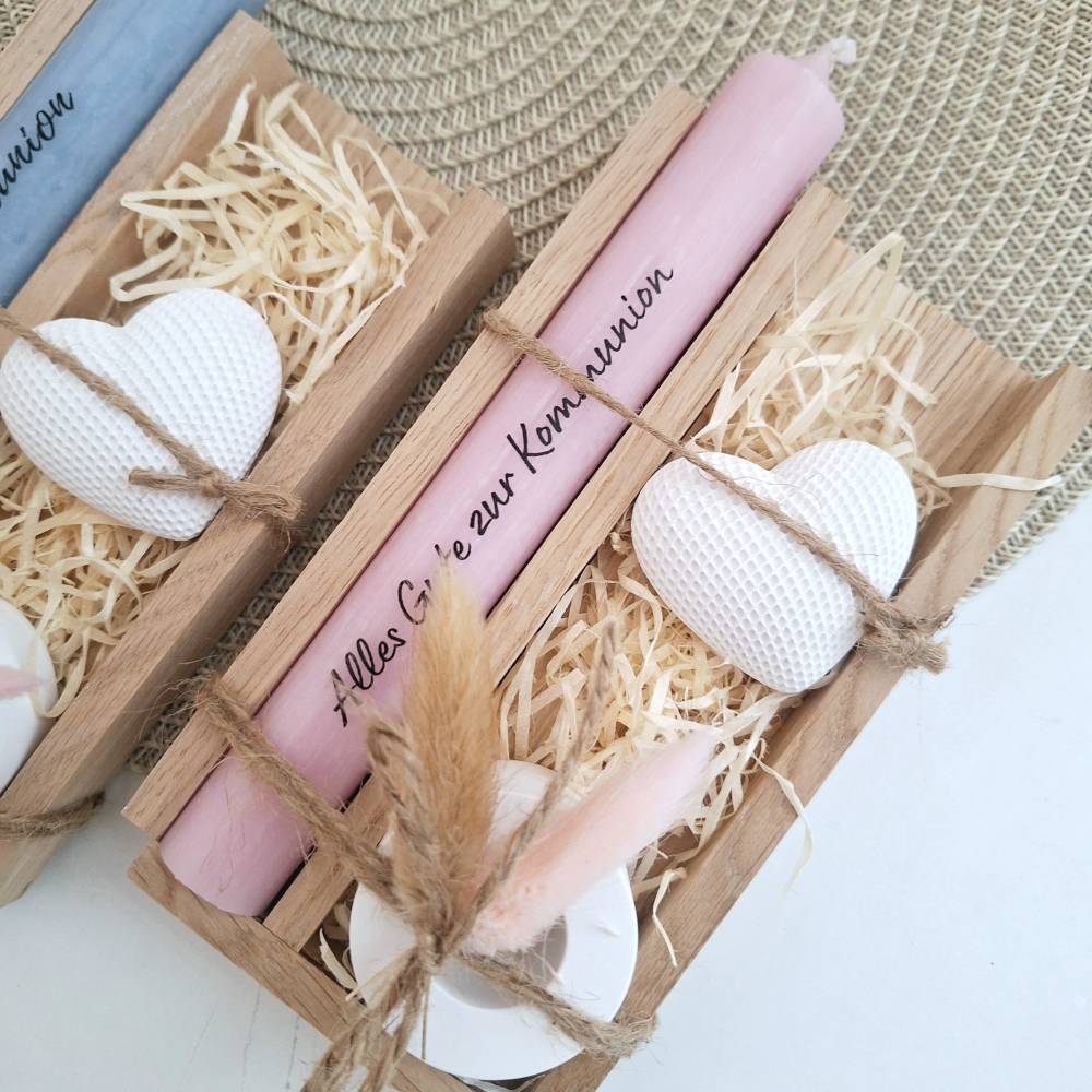 Kommunion Kommunionsgeschenk mit Dekoherz und Kerzenhalter rund Geschenkset für Jungen und Mädchen Kommunionskerze Kerze