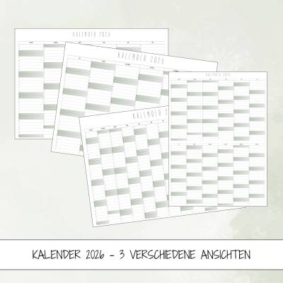 Kalender 2026 in der Jahresansicht 3 verschiedene Ansichten