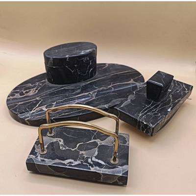 Nero Portoro Art Deco Schreibtischgarnitur: Tintenfaß, Briefhalter & Löschwiege um 1920