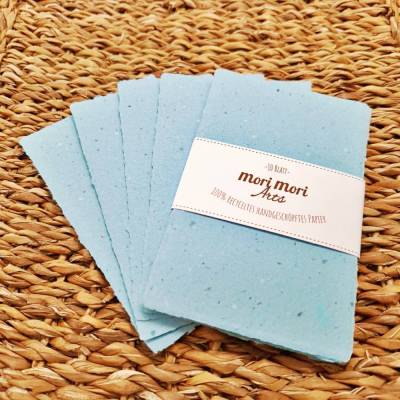 Handgeschöpftes Papier Set | 10 Bögen 13x8,5 cm | Blau | Büttenpapier Recycelt, Deckle-Rand 