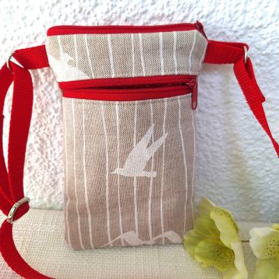 Handytasche zum Umhängen Schultertasche Crossbodytasche naturfarben mit Vögel