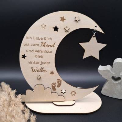 Holzschild mit persönlicher Gravur - Mond - als Andenken an Dein Sternenkind, geliebte Person, Trauerlicht,