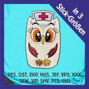 Stickdatei Applikation Eule Krankenschwester in 3 Größen, Maschinenstickerei, Stickmuster mit Tiermotiv