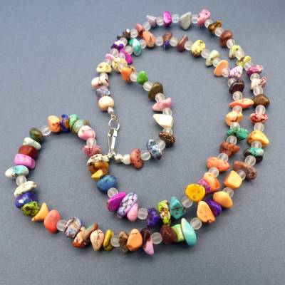 Edelsteinkette, Halskette, bunt, 67 cm, Edelsteinnuggets, matte Glasperlen, Splitterkette