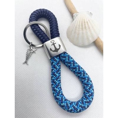 Schlüsselanhänger aus Segelseil/Segeltau, Zwischenstück: "Anker", dunkelblau/türkis/blau