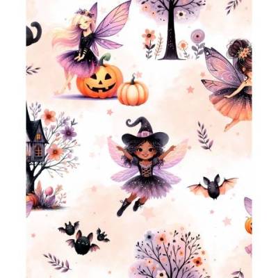 Stoff Meterware - Halloween Feen, Kürbis, Hexe, Magie, Zauber