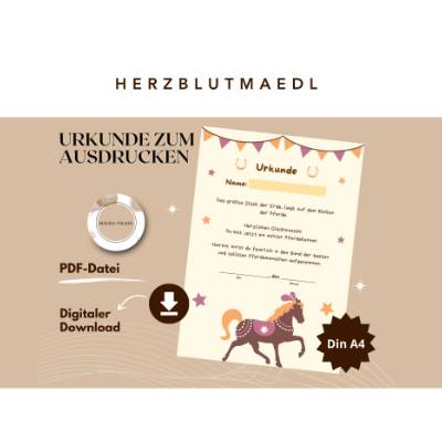 Reiterhof / Pferde Urkunde – Personalisierte A4 Mitgebsel für Kindergeburtstag & Reiterhof-Party