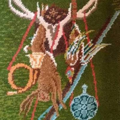 Vintage 1980er Wandbehang handgeknüpft Jagdmotive 93x61cm Junghanswolle