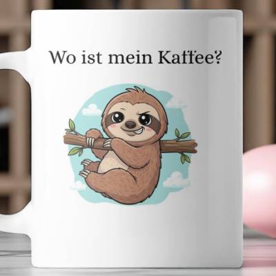 Lustige Faultier Keramiktasse "Wo ist mein Kaffee?" – Handgefertigte Geschenkidee für Kaffeeliebhaber