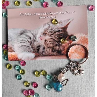 Schutzengel Perlenengel mit Katze als Schlüsselanhänger