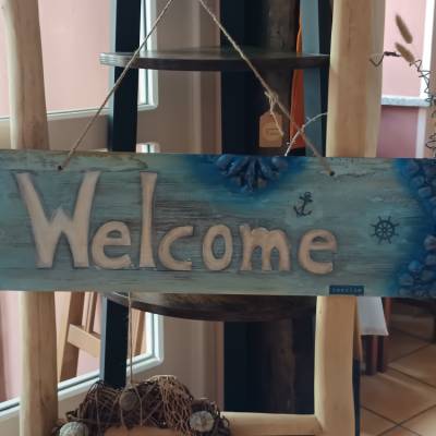 Schild Welcome im Shabby Stil maritim blau gold