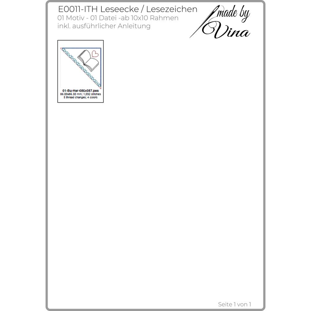 Stickdatei Set – ITH Leseecke & Lesezeichen ab 10x10 Rahmen mit Herz-Buch-Motiv Bild 3