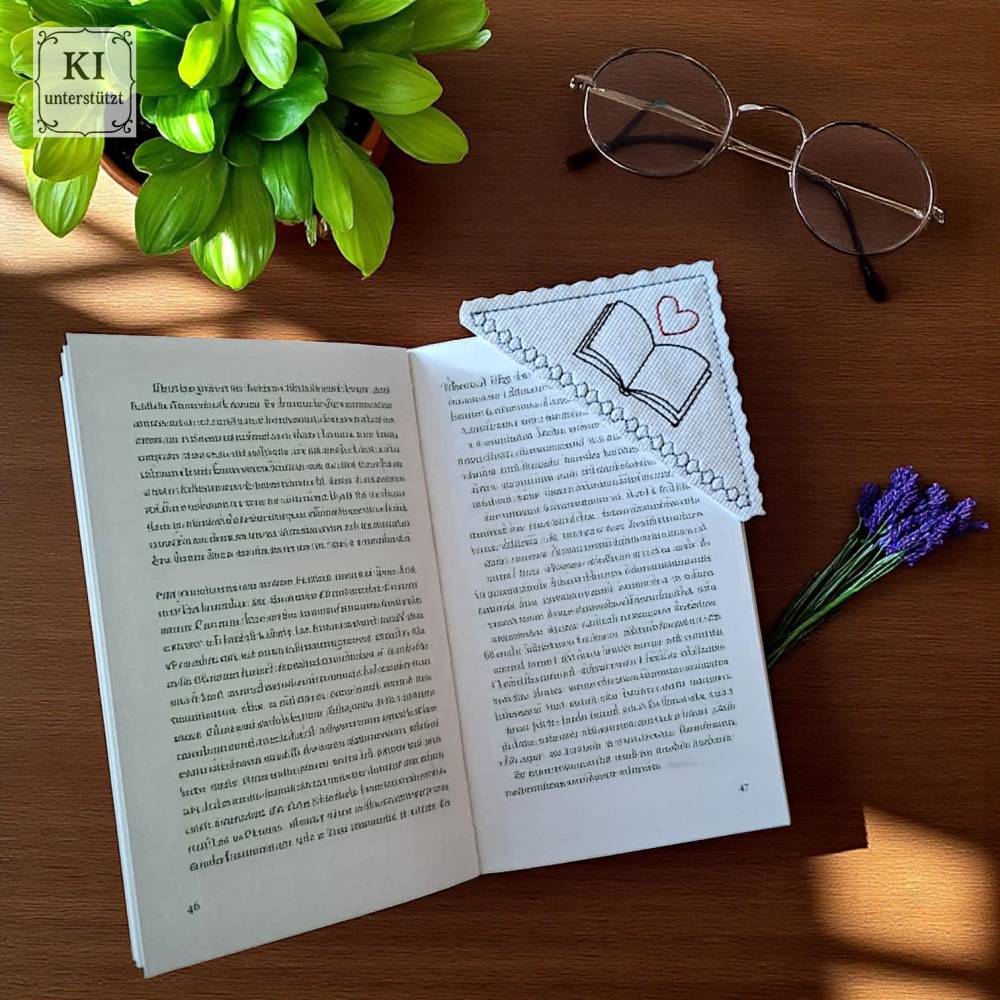 Stickdatei Set – ITH Leseecke & Lesezeichen ab 10x10 Rahmen mit Herz-Buch-Motiv Bild 7