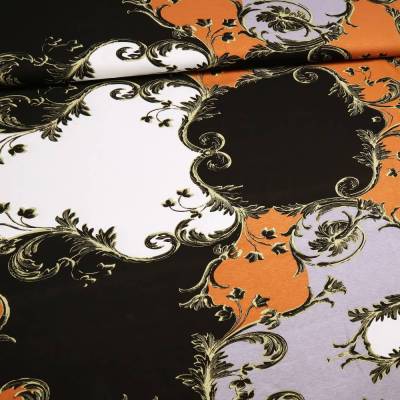 Stoff Viskose Jersey mit abstrakten Ornamente Design schwarz grau weiß orange beige Kleiderstoff!