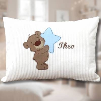 Personalisiertes Geburtskissen mit Namen und Bär – Taufgeschenk, Babykissen, Cord, 25x35cm