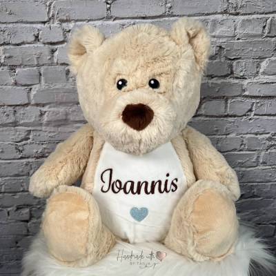 Teddybär mit Namen bestickt I personalisiertes Kuscheltier mit Herz I Plüschtier Bär mit Name I Geschenkidee Baby Geburt