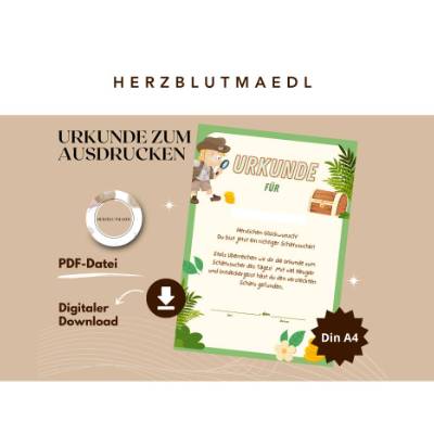 Kindergeburtstag Mitgebsel: Schatzsuche Urkunde A4 – Perfekte Belohnung für kleine Entdecker - Schnitzeljagd