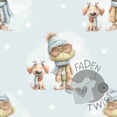 Stoff Meterware - Weihnachten, Monster, Hund, Schnee, Schneeflocken