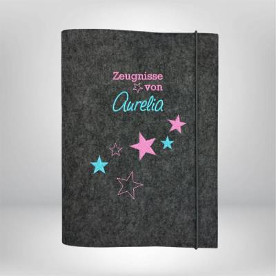 Personalisierte Zeugnismappe aus Filz mit Name & Sternen – Sichtbuch von Leitz – Farbwahl – Geschenk zur Einschulung & Schulabschluss