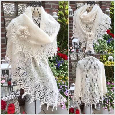 Lacetuch ANGELINA – handgestricktes cremefarbenes Schultertuch mit Spitzenrand aus Alpaka-Seide