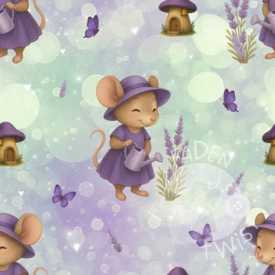 Stoff Meterware - Maus, Lavender, Flieder, Garten, Sommer, Herbst, Lila, Blumen, Schmetterling