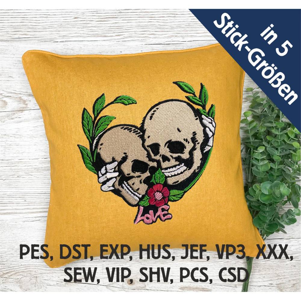 Stickdatei Totenkopf Love in 5 Größen, Maschinenstickerei, Stickmuster mit Skull-Motiv Bild 1