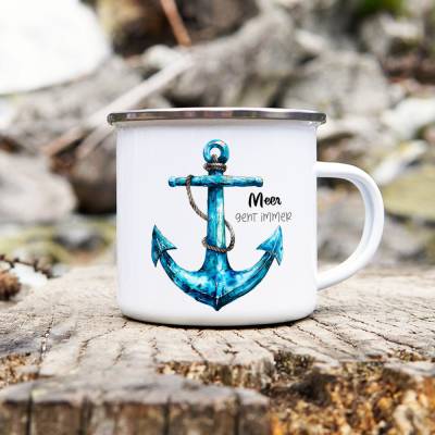 Camping Emaille Tasse MEER GEHT IMMER, Campingbecher, Geschenk für Camper