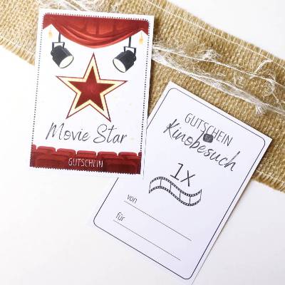 Druckvorlage Gutschein, Kinobesuch, Geschenkidee, Geschenk last minute, Kleinigkeit, Kinogänger, Geburtstag, Glückwunsch