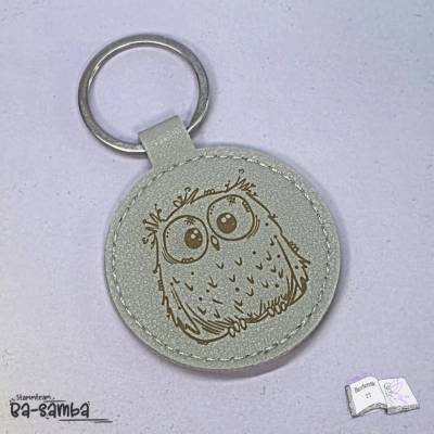 Schlüsselanhänger Eule aus Kunstleder mit Gravur – Rund, 5 cm, Metallring