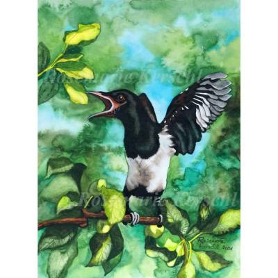 Elster Aquarellbild handgemalt 40 x 30 cm Hochformat – Unikat von Rosemarie Kerschl
