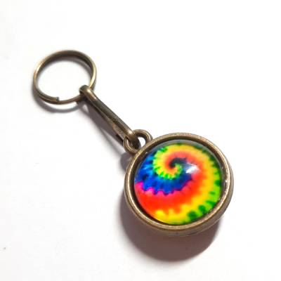 Motorik Helfer Kugel Reißverschluss-Zieher Schlüßelanhänger Altmessing mit Glas Cabochon Regenbogen 1
