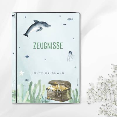 Personalisierte Zeugnismappe "Delphin", Geschenk zur Einschulung & Schulstart, A4 Sichtbuch mit Namen