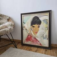 Vintage Ölgemälde 1950er: Frau mit Kopftuch von A. Lopes – Original & signiert
