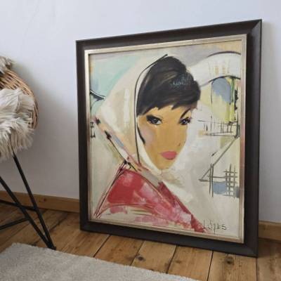 Vintage Ölgemälde 1950er: Frau mit Kopftuch von A. Lopes – Original & signiert
