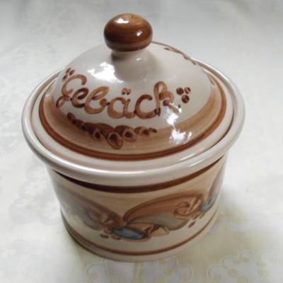 Vintage Gebäckdose mit Deckel Keramik Beige, braun, blau vermutlich aus den 1990er Jahren 