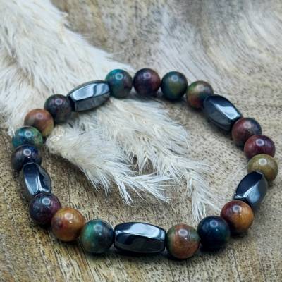 Naturstein-Armband mit Drachenvenenachat & magnetischem Hämatit Hex Twist 8x12mm – Handgefertigtes Unikat