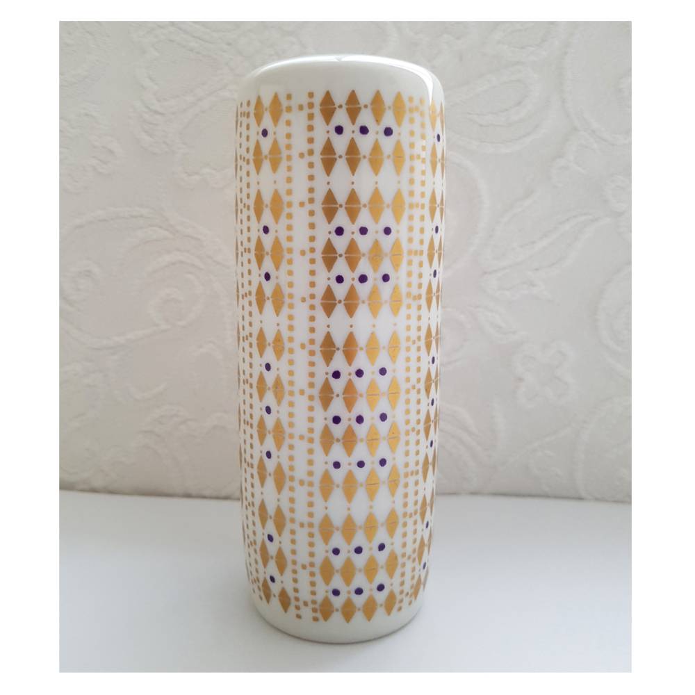Mid Century Hutschenreuther Porzellan Vase 9608 Seltenes Teil aus den 50-60er Jahren zylindrische Form in weiss Gold