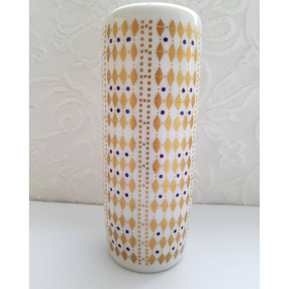 Mid Century Hutschenreuther Porzellan Vase 9608 Seltenes Teil aus den 50-60er Jahren zylindrische Form in weiss Gold